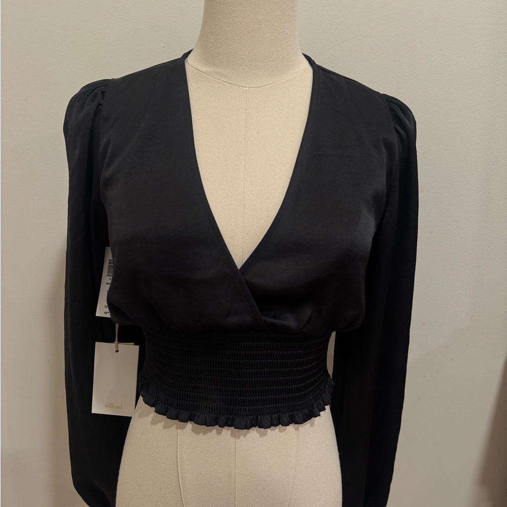 Aritzia Wilfred Black V-Neck Smocked-Waist Long Sleeve Blouse XS